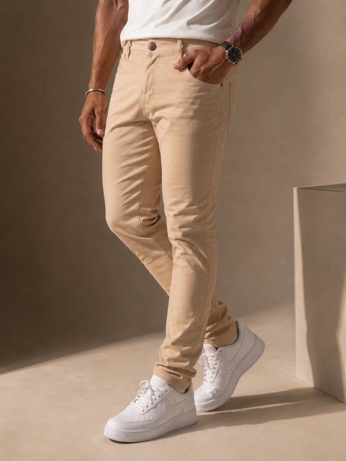 Calça Alfaiataria Masculina Bege Slim Fit Yellow Jeans Premium Cintura Média Confortável Elegante