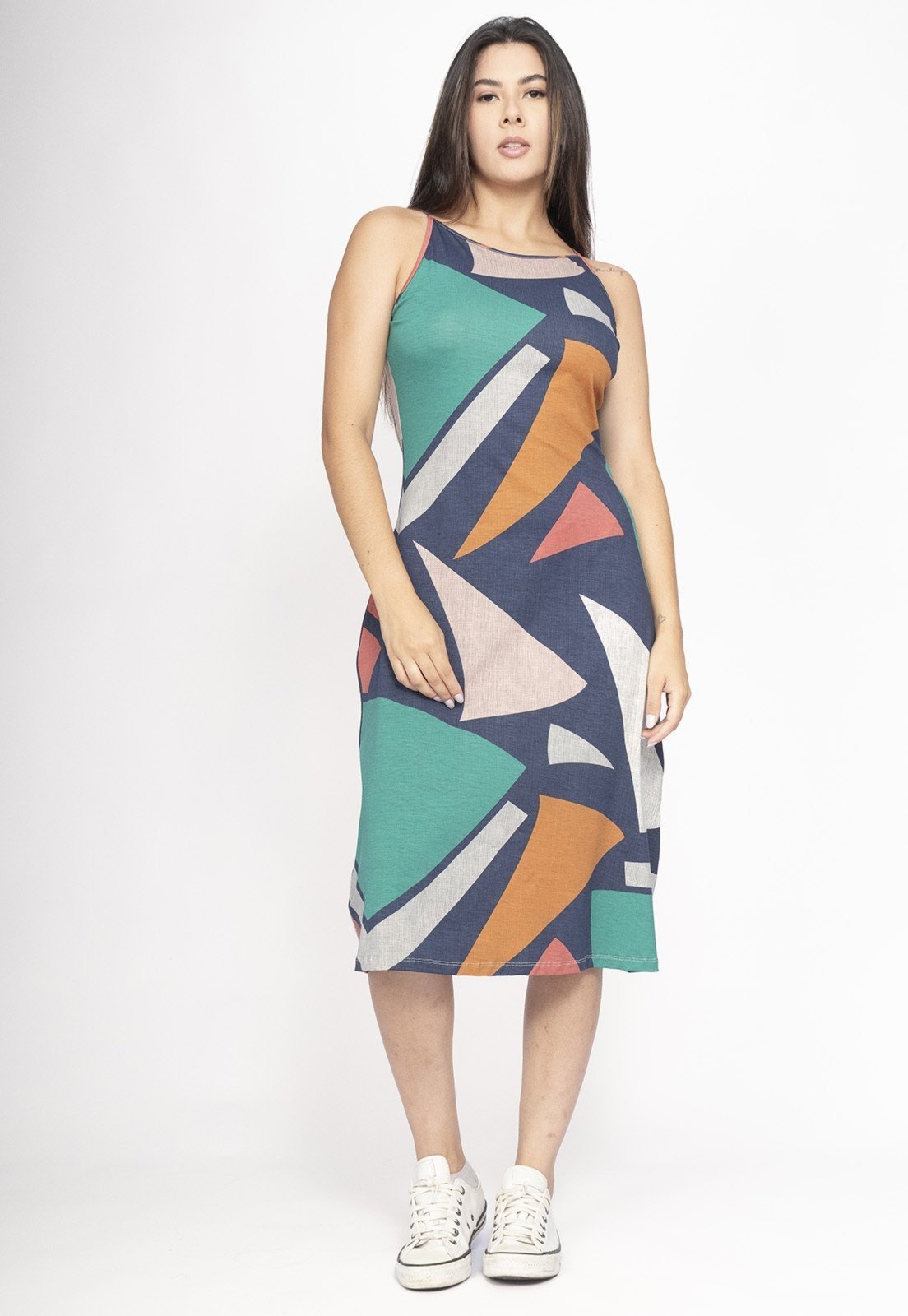 Vista 2 Vestido Amazonia Vital Aimara Curto Trapézio Malha Geometria do Tempo Amazonia Vital estampado