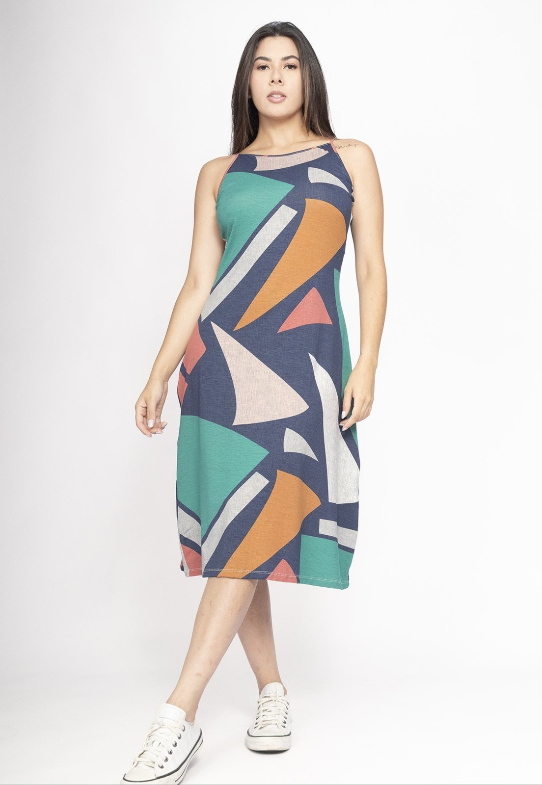 Vista 3 Vestido Amazonia Vital Aimara Curto Trapézio Malha Geometria do Tempo Amazonia Vital estampado