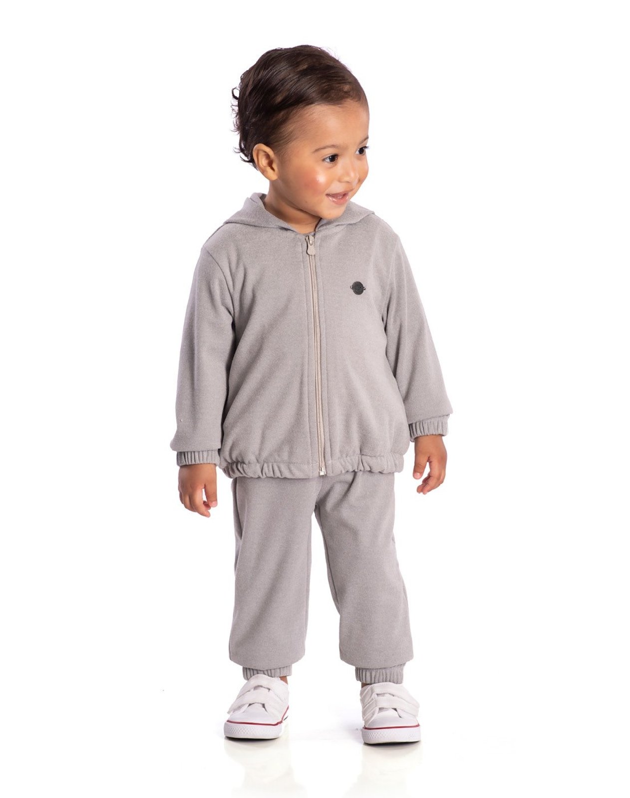 Infantil - Conj. casaco touca e zíper + calça malha aveludada cinza
