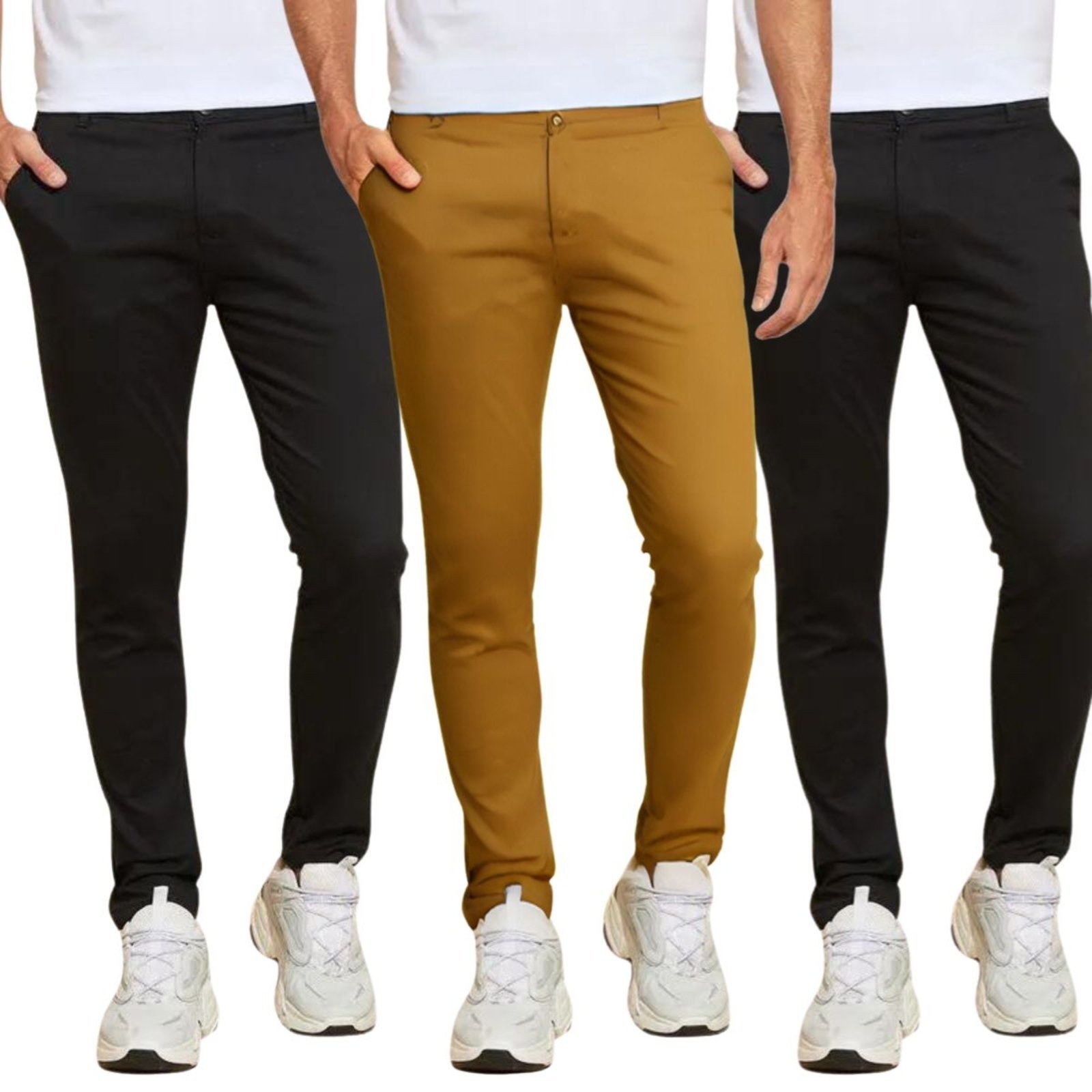 Kit 3 Calças FMF de Sarja Chino Com Bolso Traseiro Embutido Alfaiataria Skinny