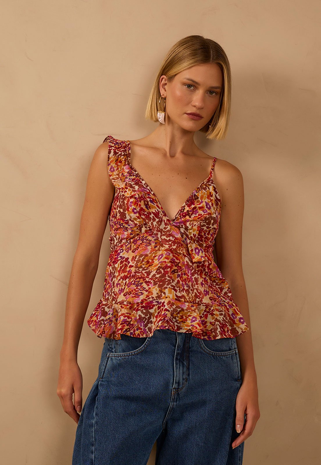 Vista 3 Blusa Feminina Dress To Estampa Babados Terracota marrom Dress to marrom