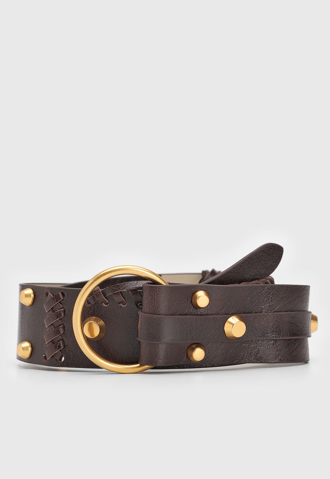Cinto Feminino Vicenza Chocolate com Tachas e Fivela Dourada Marrom