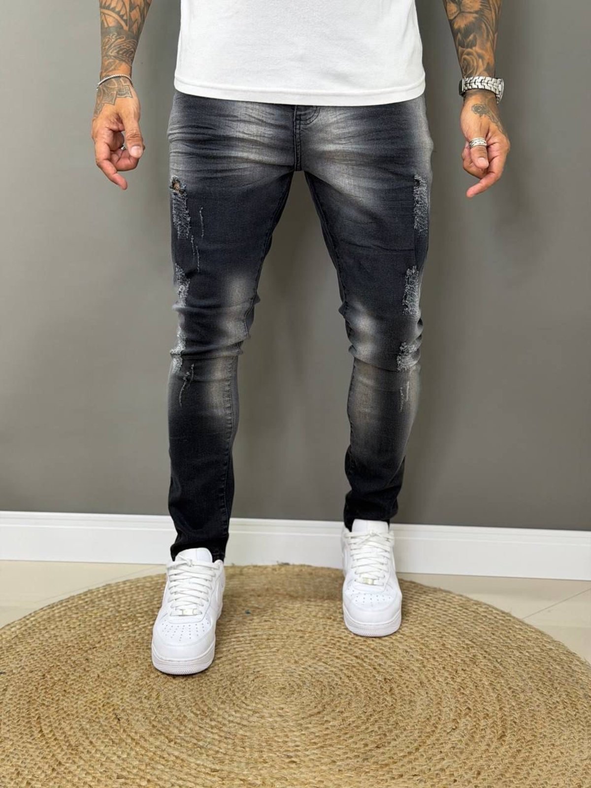 Calça Jeans Destroyed Qr Code Jeans Jogador Masculina Básica Casual Cinza/Preto