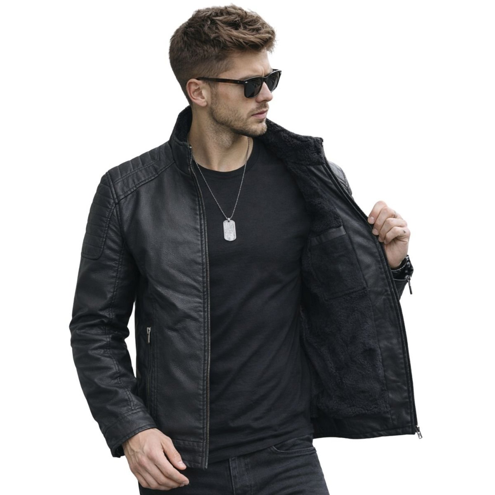 Jaqueta Masculina Couro PU Peluciada Forrada Premium Preto