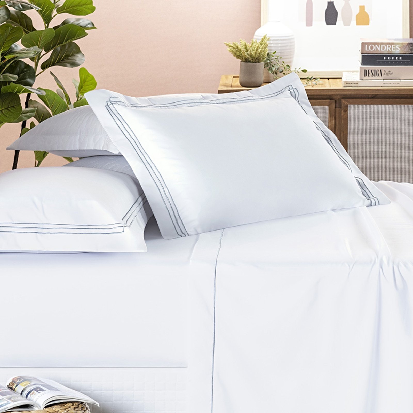 Jogo Cama Lençol Trivio Casa Scarpa Queen 400 Fios Bordado Fronhas Aba Americana 4 Peças Branco
