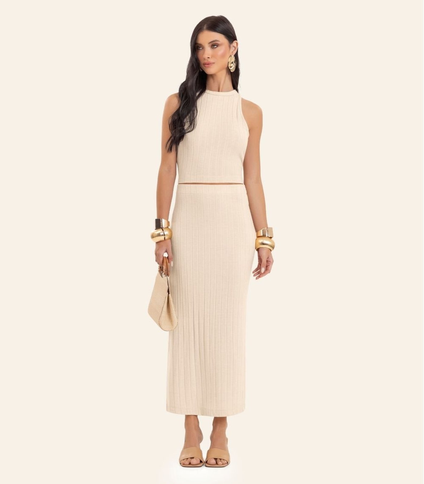 Conjunto Feminino Regata Com Saia Midi Endless Bege