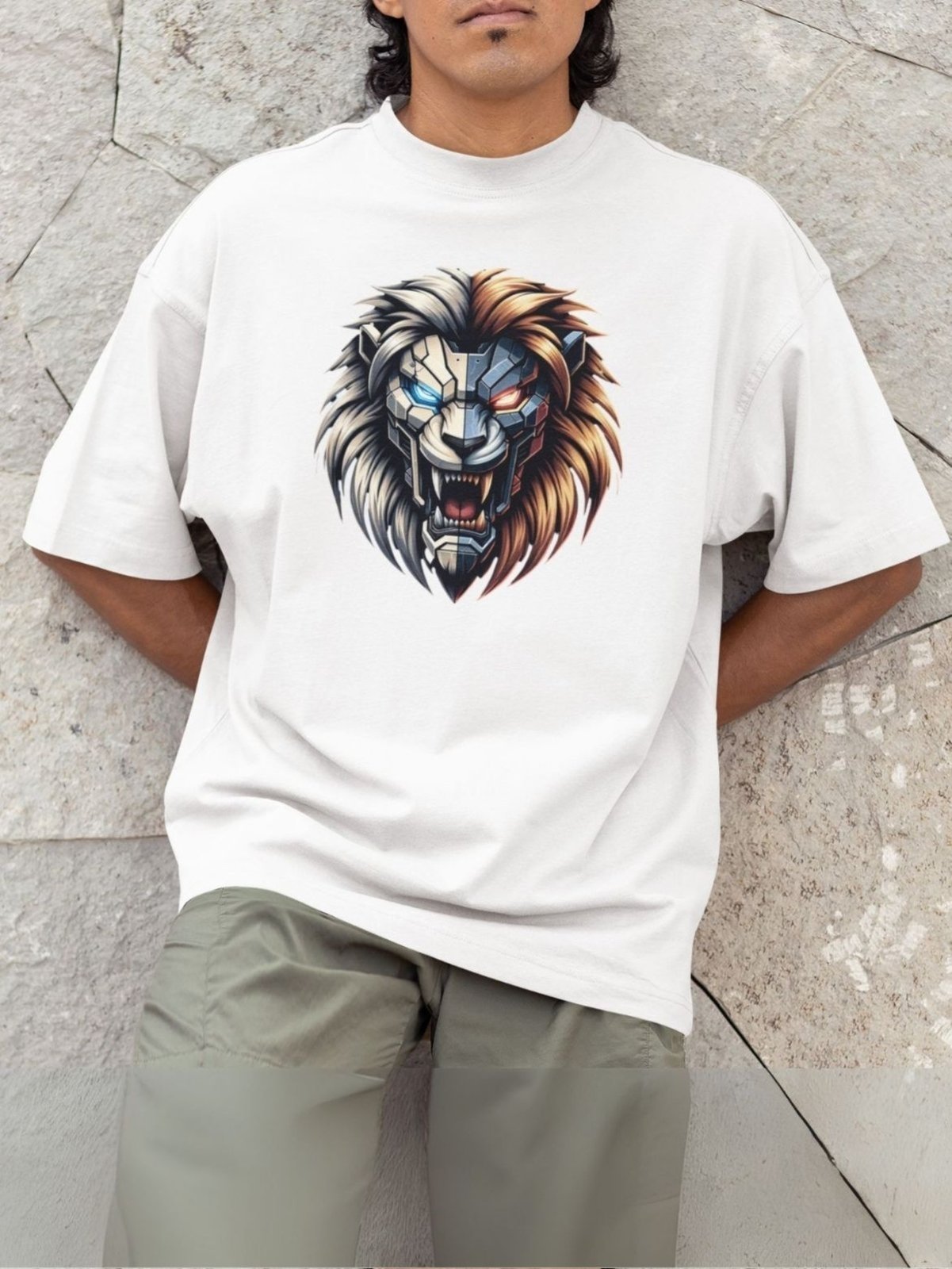 Camiseta Básica Masculina GuGi Leão Robótico Cyberpunk Scifi Futurista Branco