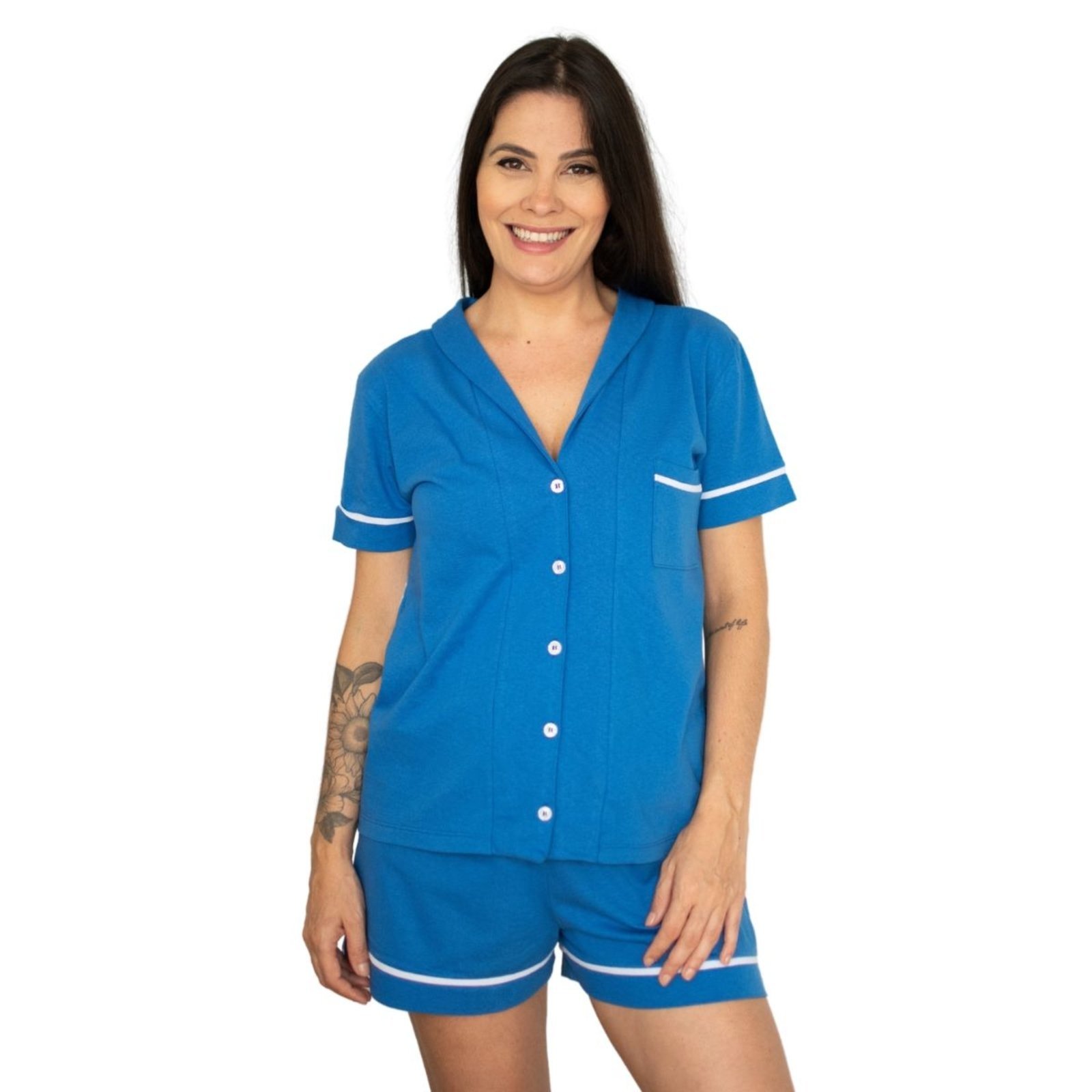 Pijama Algodão Feminino Americano Curto Manga Curta com Botão Botões Verão Adulto indicado Gestante Amamentação e Pós cirúgico – Royal Azul