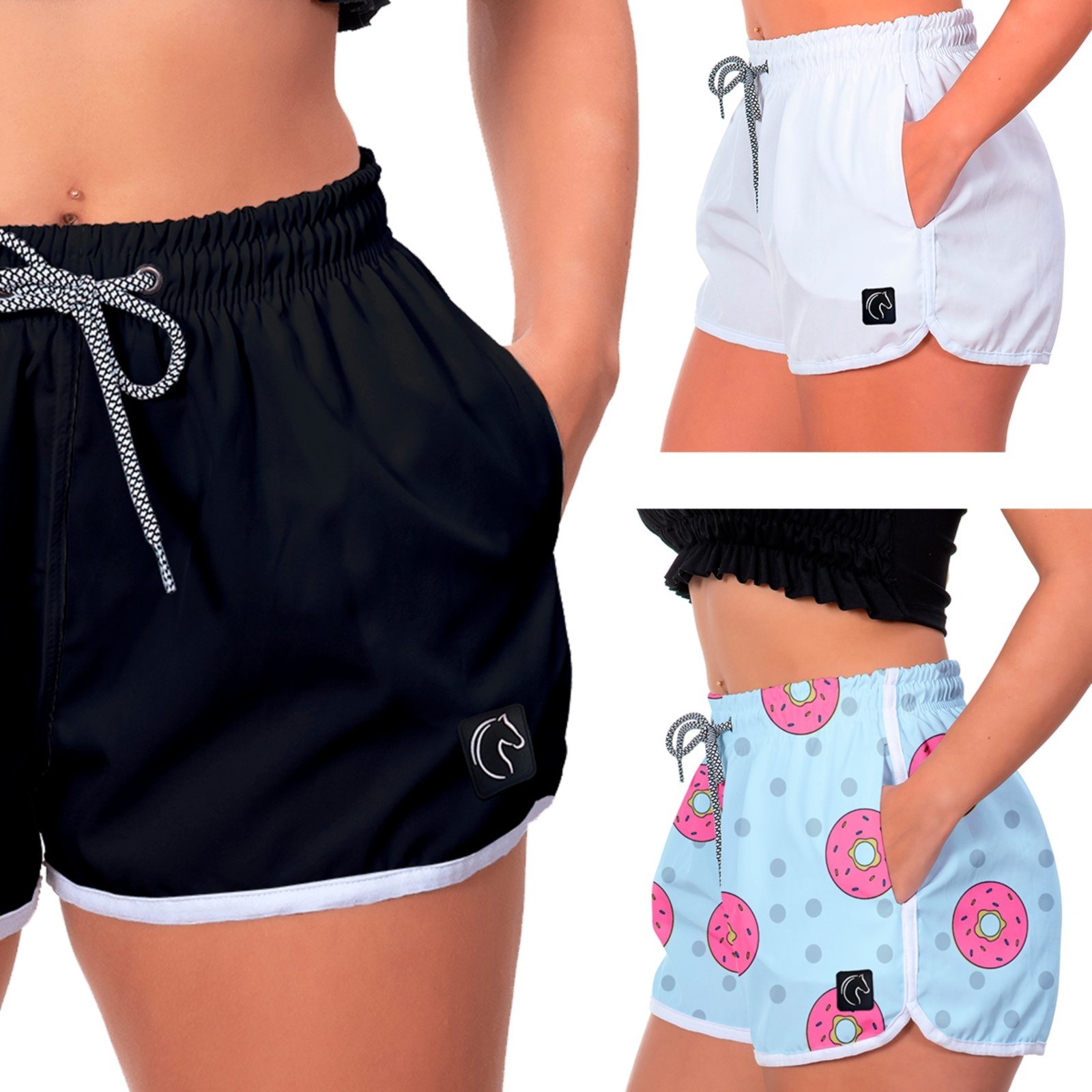 Kit 3 Shorts Feminino Premium Secagem Rápida com Elástico Cordão Ajustável e Bolsos Moda Praia Casual ou Treino Academia Preto, Branco e Rosquinha