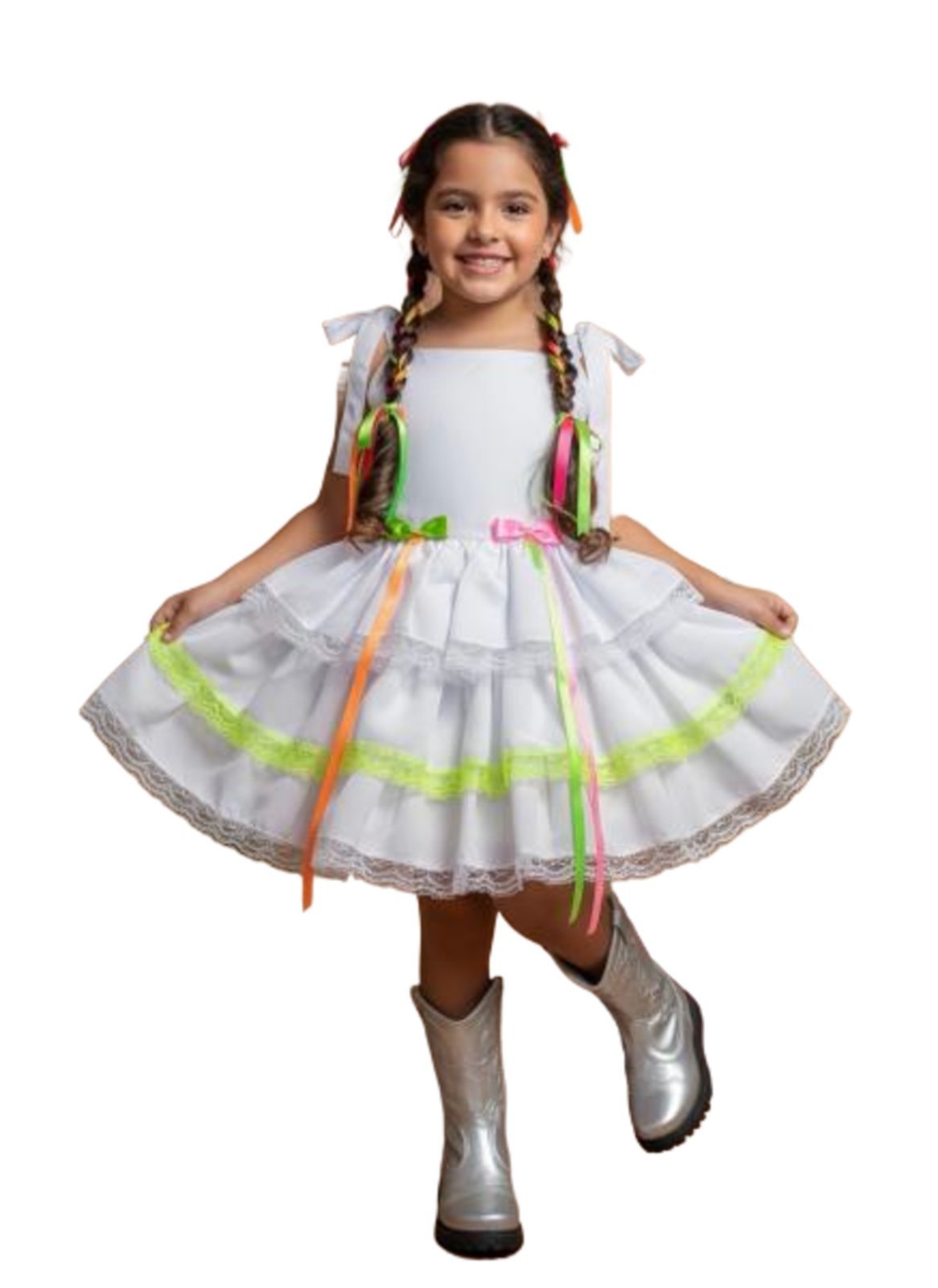 Infantil - Vestido Festa Junina Noiva Branco Colorido Laços Junino Caipira Quadrilha São João Babado
