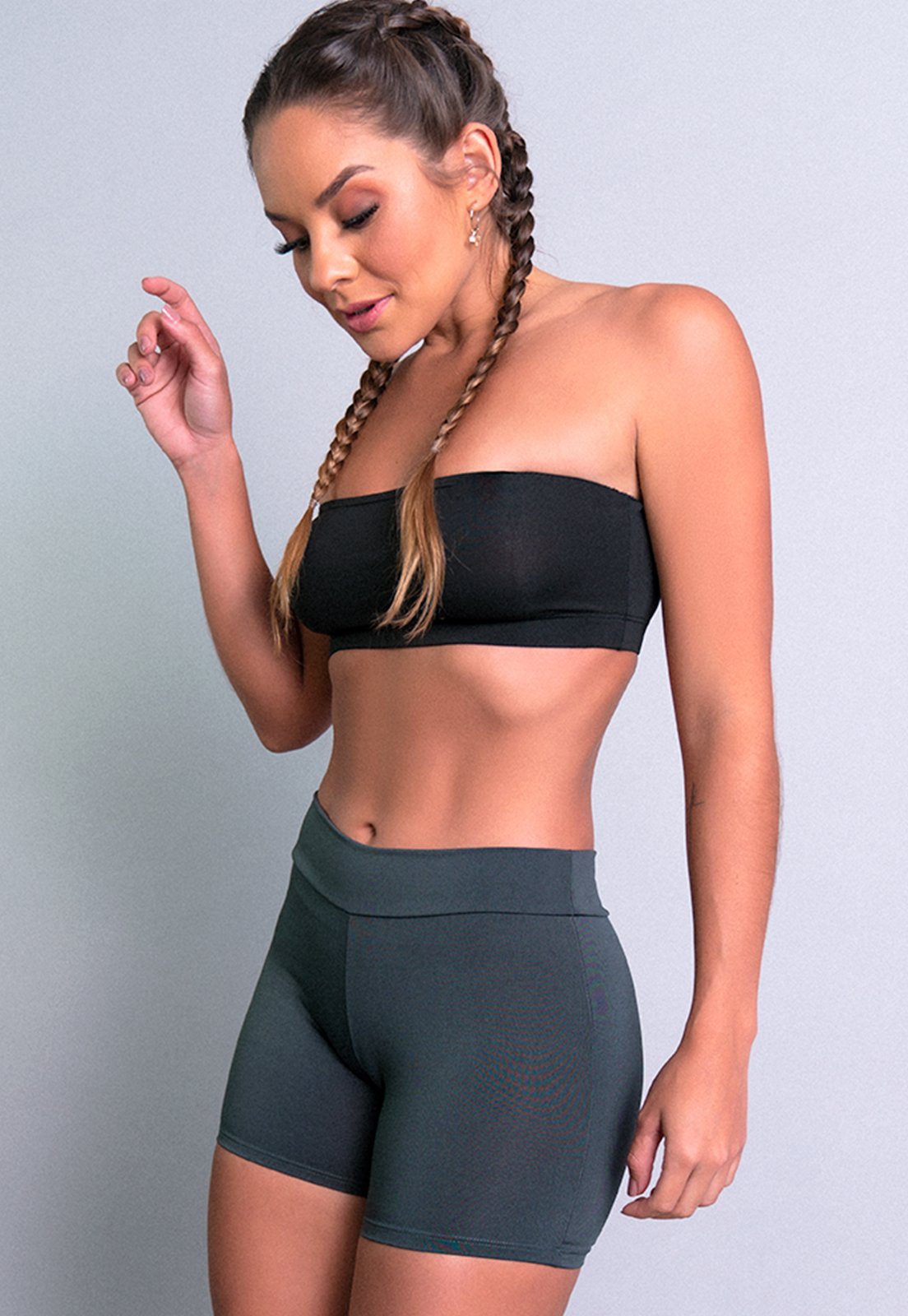 Short MVB Modas Curto Cintura Alta Fitness Cinza