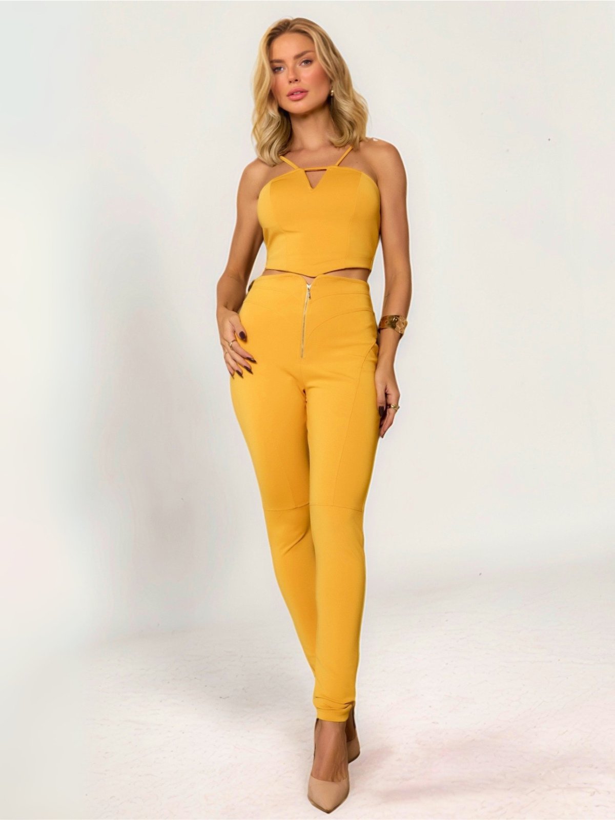 Conjunto Feminino Divina Gata Blusa Cropped Calça Montaria – AMARELO