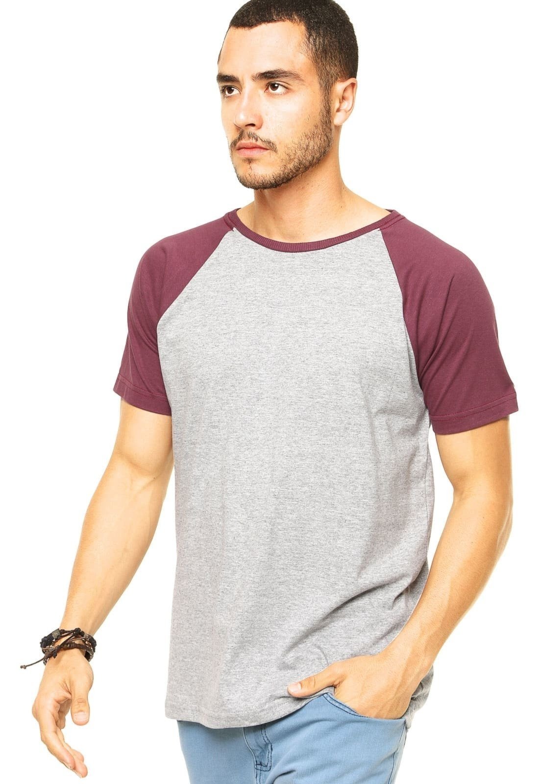 Camiseta Masculina Raglan Cinza Claro com Bordô