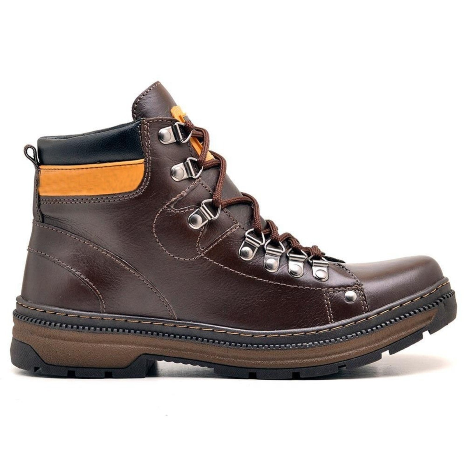 Coturno Casual Bota Adventure Couro Masculina Cano Médio Atacador Solado Borracha Antiderrapante Resistente Confortável Café