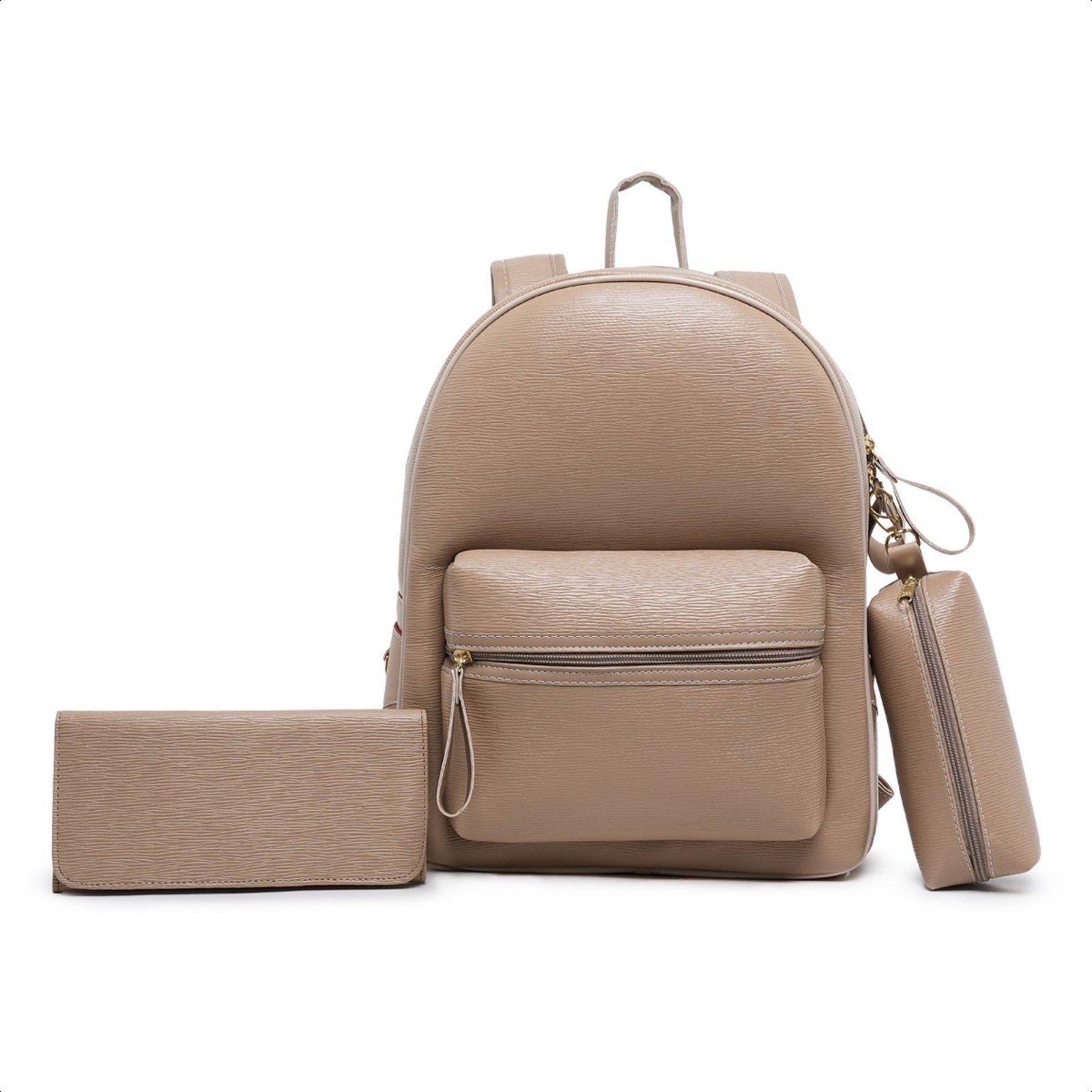 Kit Mochila Feminina Couro Universitaria Com Carteira Estojo - Nude