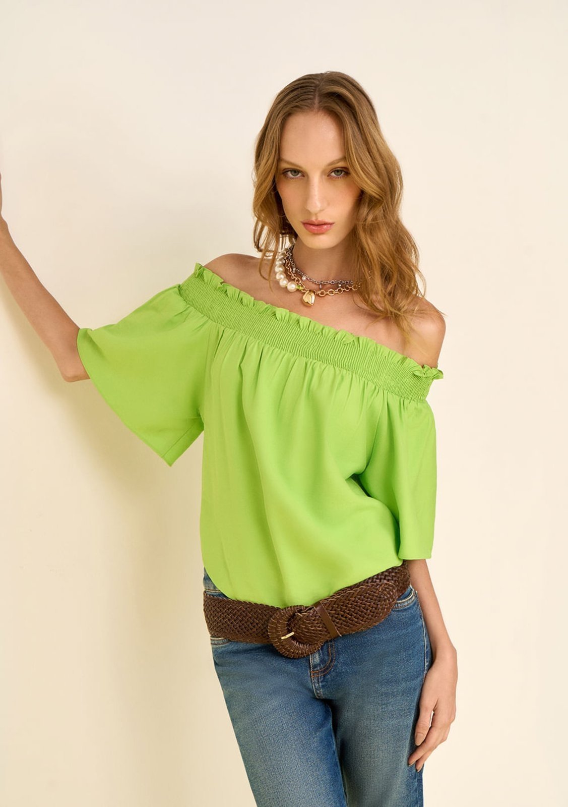 Blusa Zinco Solta Decote Reto Manga Curta Padrão Verde