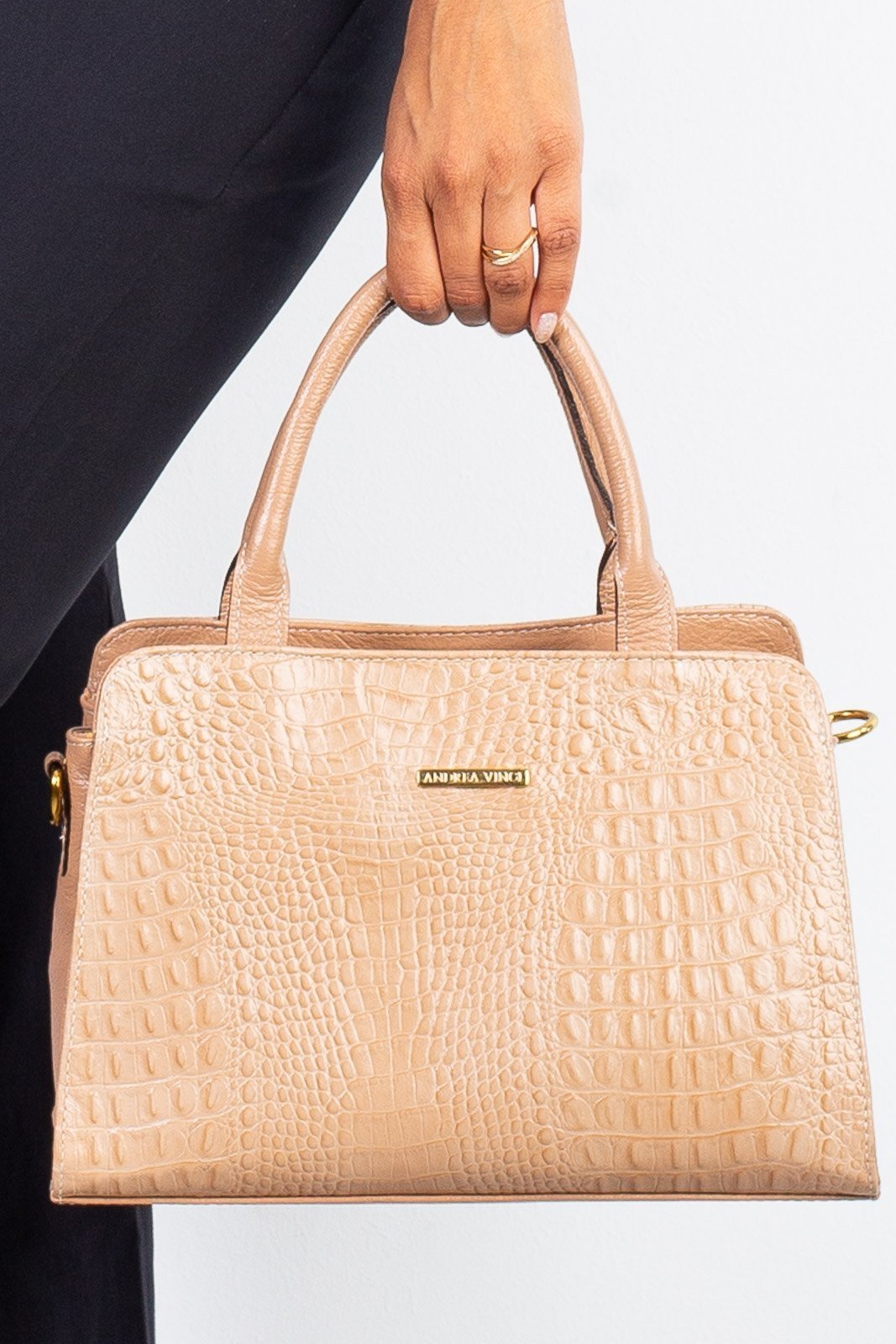 Bolsa de couro croco estruturada Emili - Bege