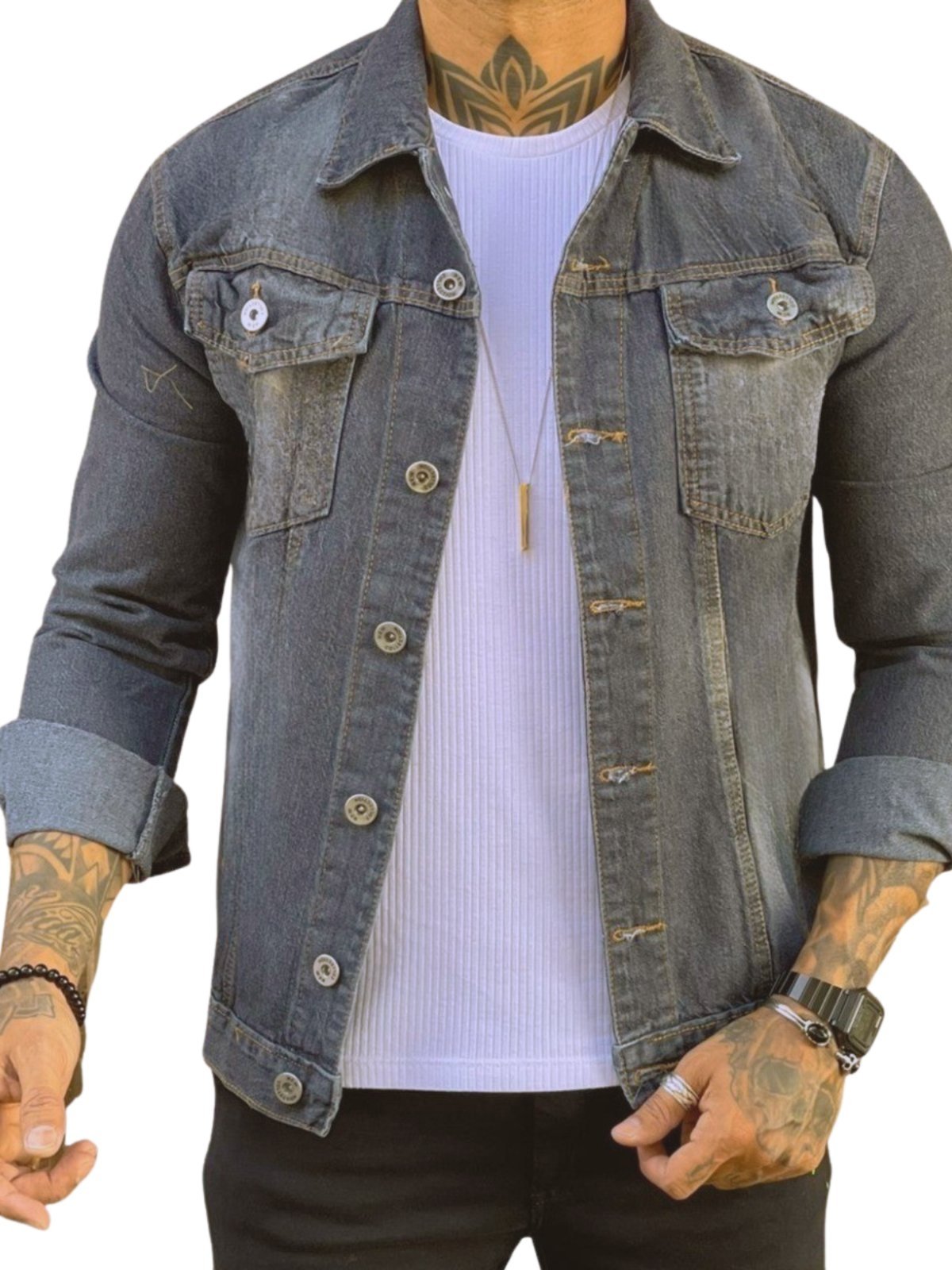 Vista 2 Jaqueta Masculina Jeans Light Marmorizado cinza JEANS LIGHT cinza