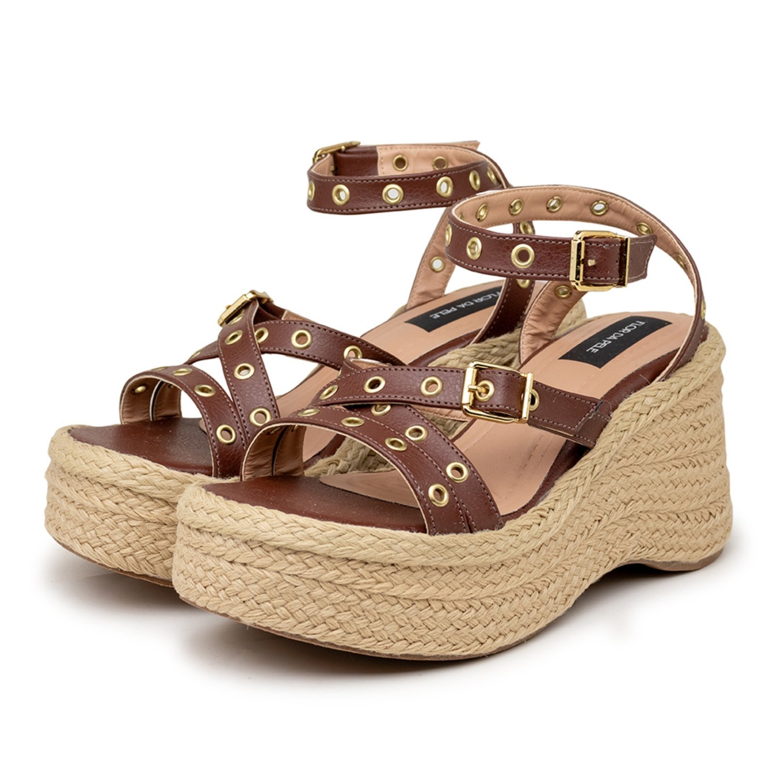 Sandália Feminina Anabela Plataforma Ilhós 9101 Caramelo