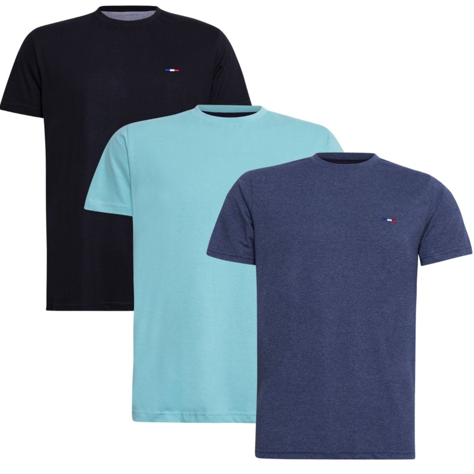 Kit 3 Peças Camisetas Básicas Masculina FMF Preto Azul e Mescla em Algodão Premium no Estilo Tommy Bordado França