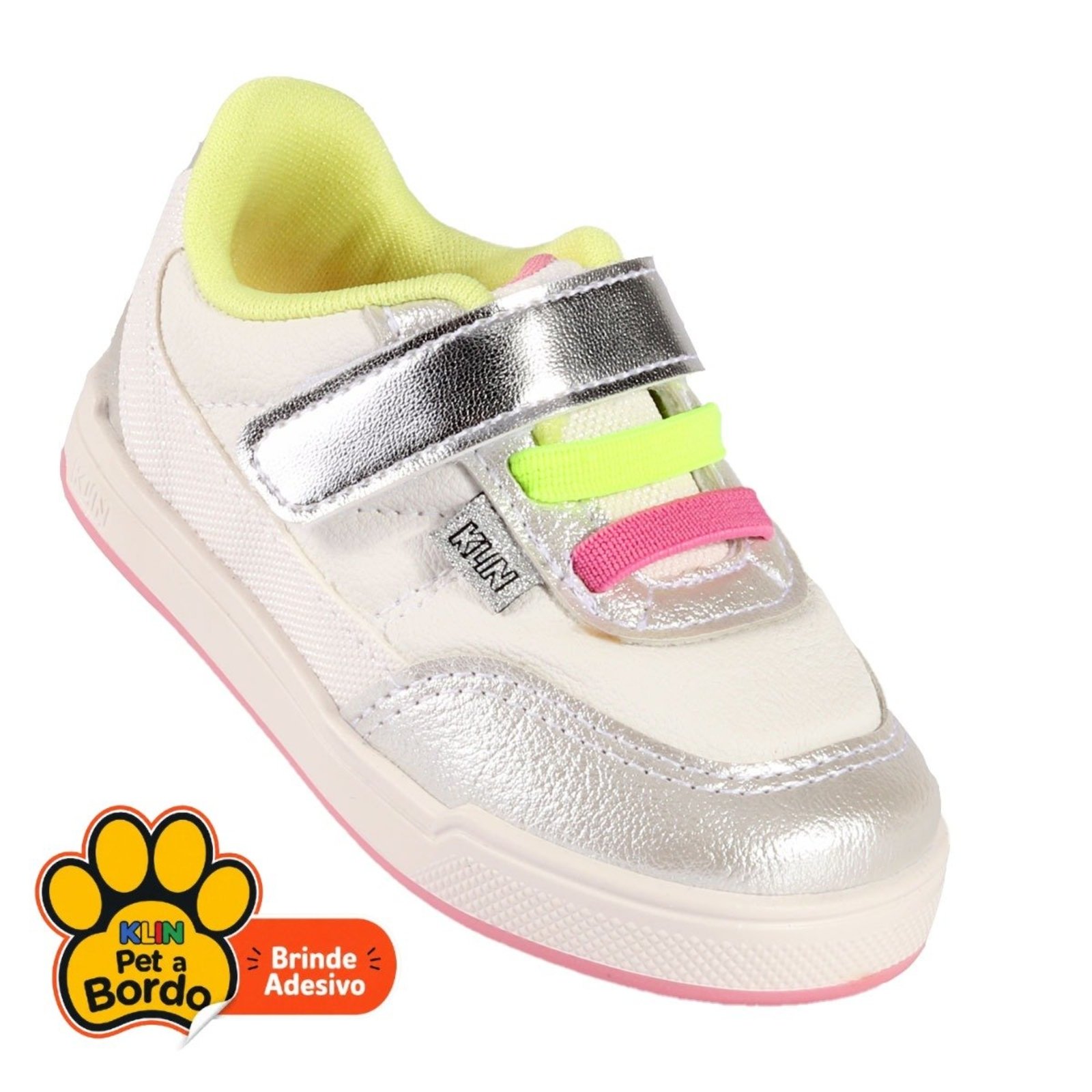 Infantil - Tênis Menina Klin Sky Prata Metalizado com Detalhes Neon