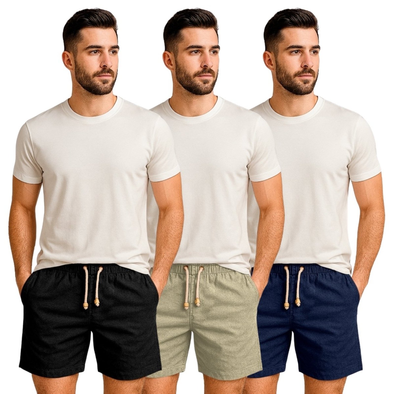 Kit 3 Shorts Linho Premium Bermuda Masculina Moda Praia Luxo