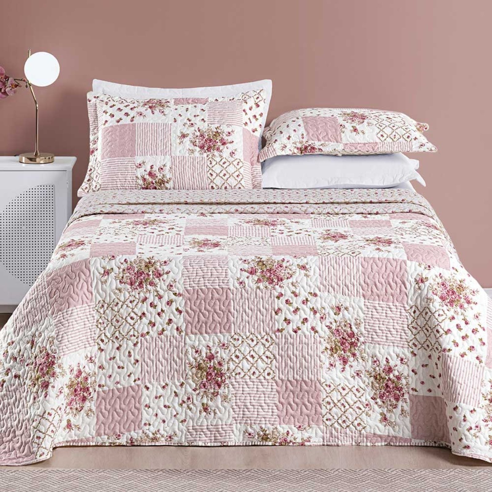 Kit Cobre Leito Colcha Casa Scarpa Dallas Queen Dupla Face Estampada 3 Peças - Rosa Matura Patchwork