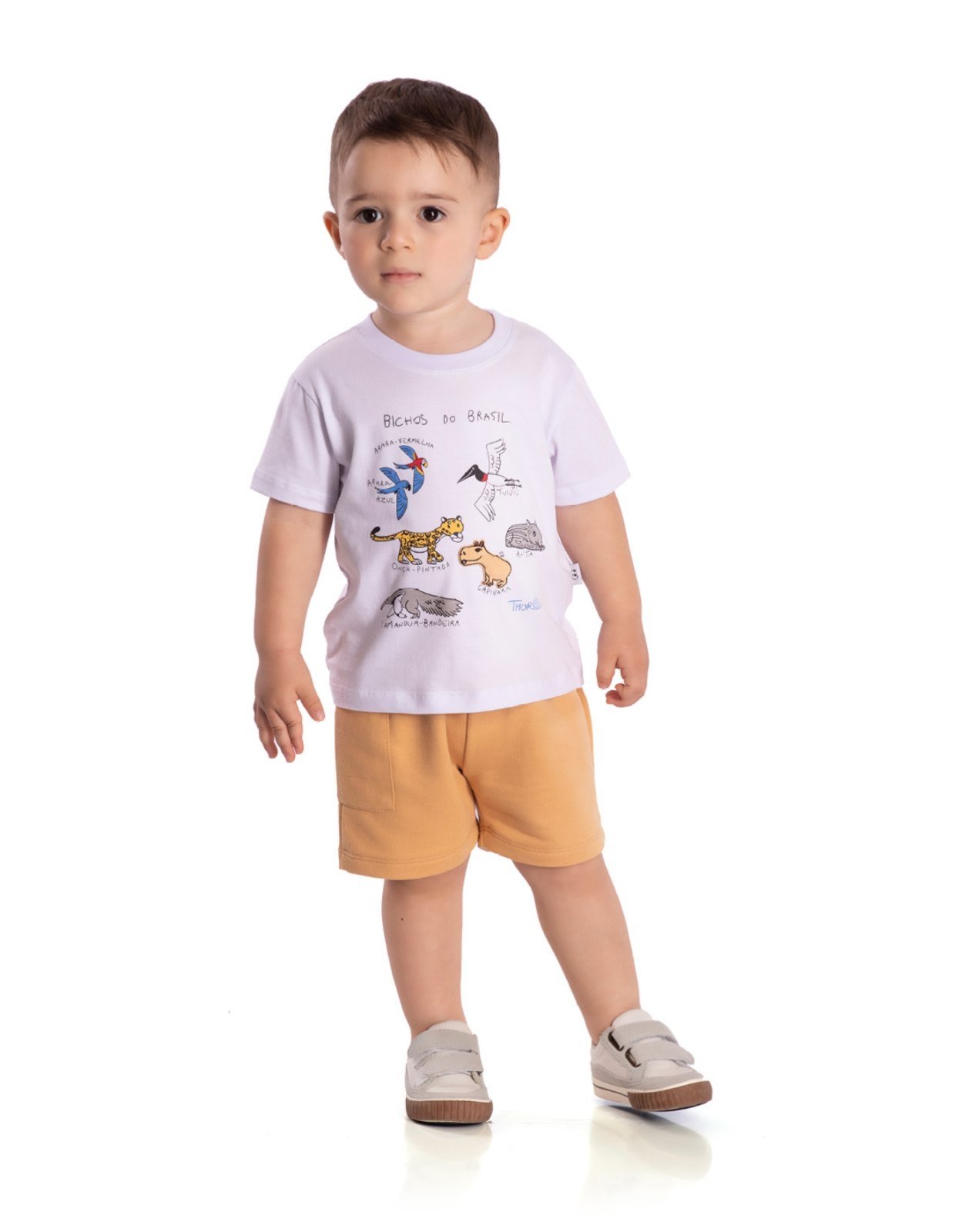 Infantil - Conj. camiseta manga curta branca bichos do Brasil + bermuda moletinho cáqui