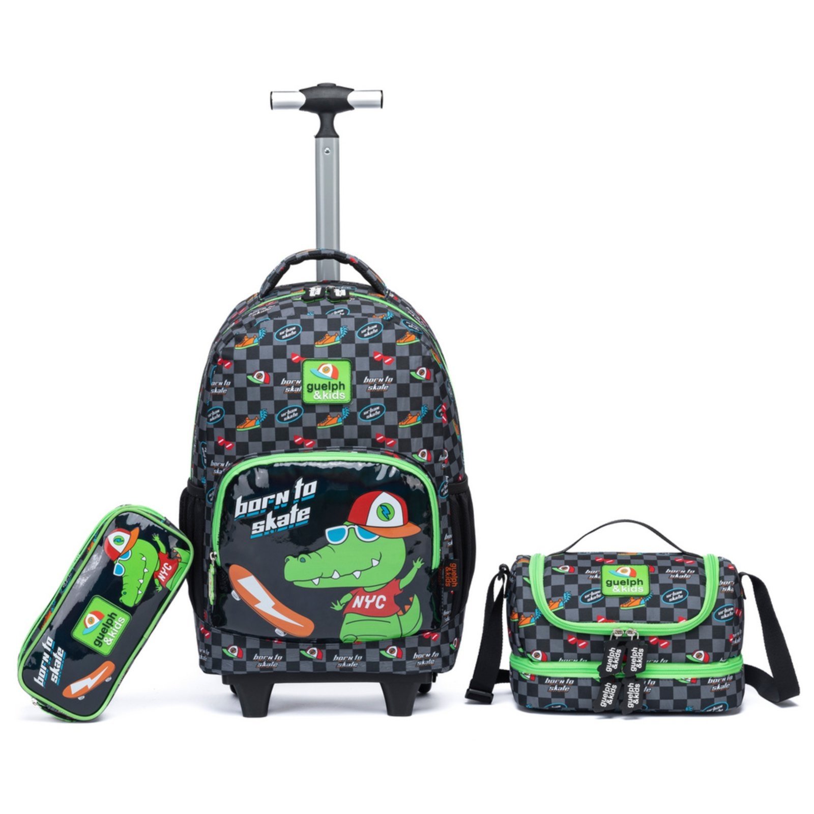 Infantil – Kit Mochila Lancheira Estojo Dinossauro Escolar Menino Verde Reforçada