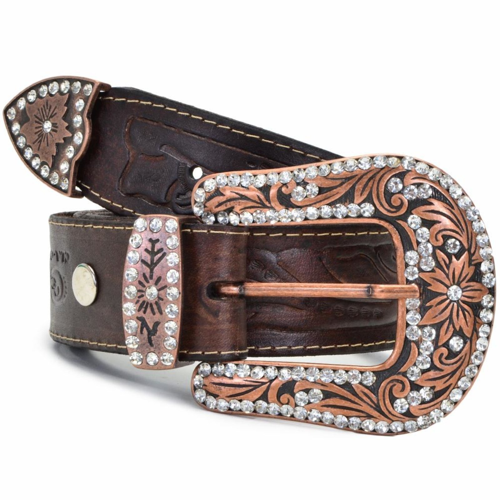 Cinto Feminino Country Couro Fivela Estampada Detalhes Marrom G Marrom