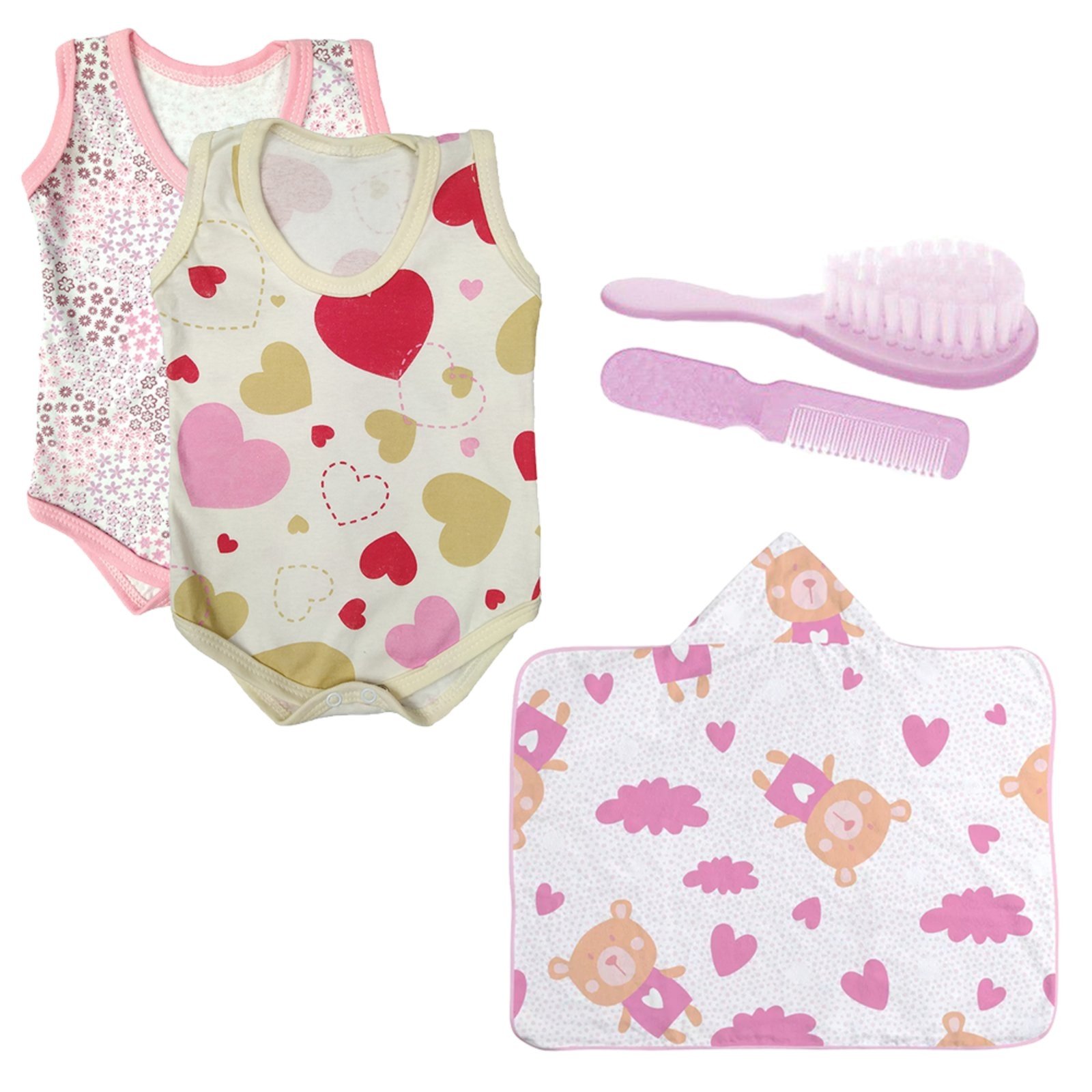 Infantil - Kit 5 Pçs Body Regata Toalha Capuz e Kit Pente e Escova Rosa