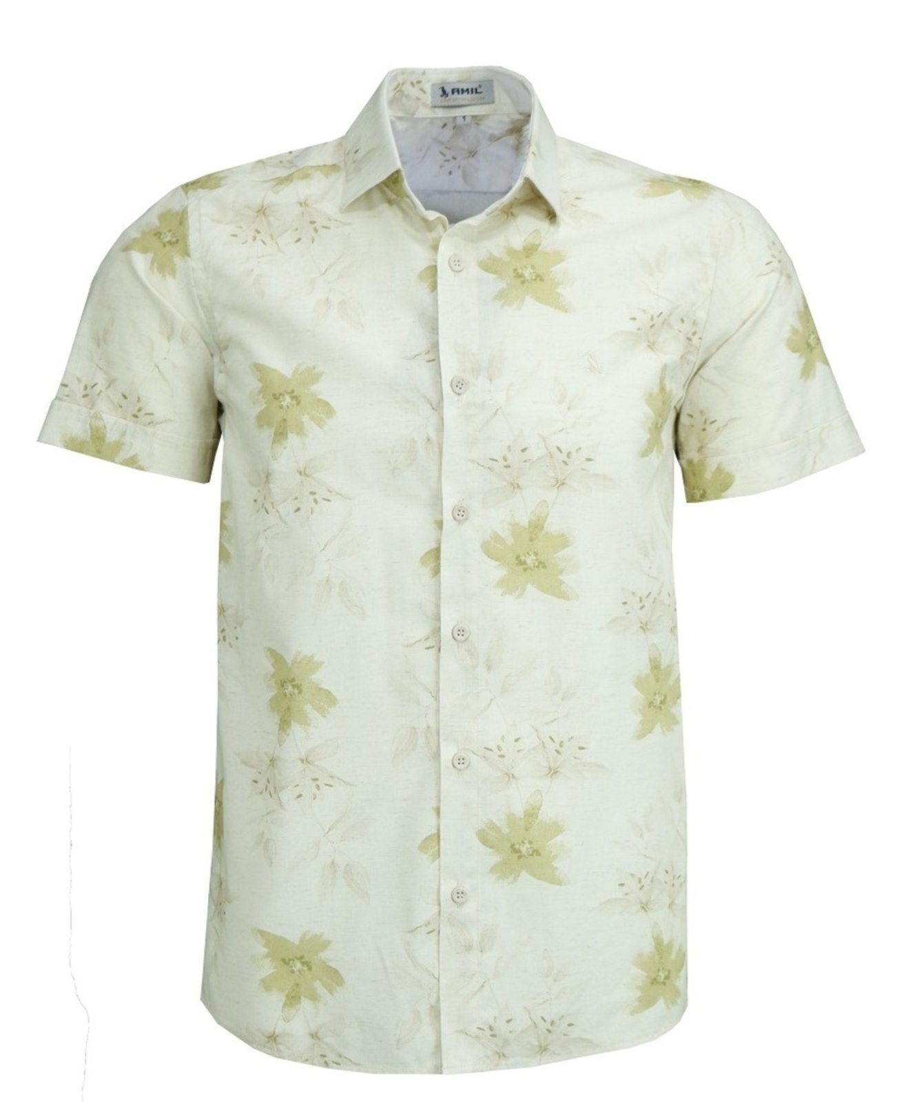 Camisa Floral Amil Comfort Turbin Algodão com Linho Manga Curta Luxo Cor01