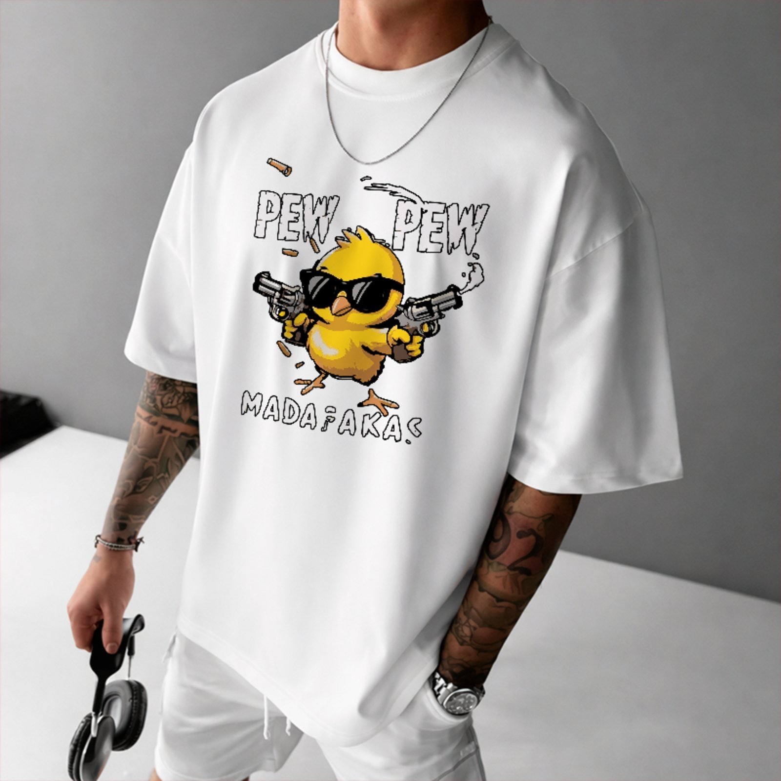 Camiseta Oversized Premium Chick Pew Pew Funny Madafaka Unissex Branco
