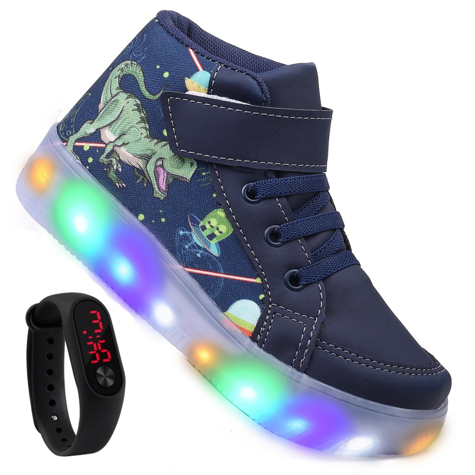 Infantil – Tenis Masculino de Led Botinha Dinossauro Calce Facil Original + Relogio