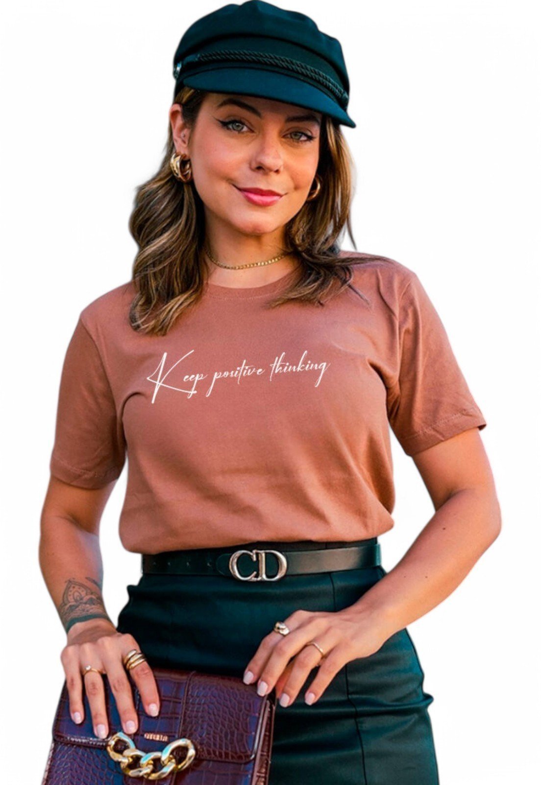 Camiseta Cianitas Marrom Estampa Keep Positive