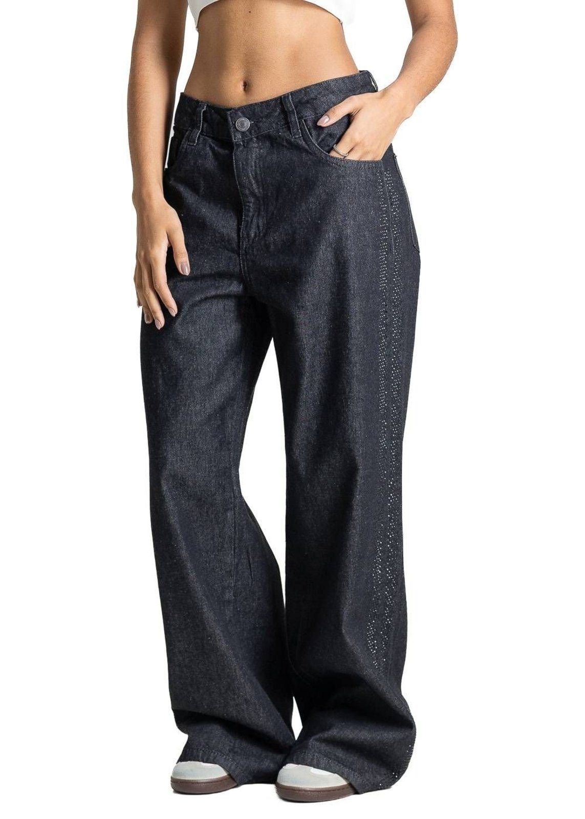 Calça Jeans Sawary Wide Leg Petit Brilho - 284260 - Preto - Sawary