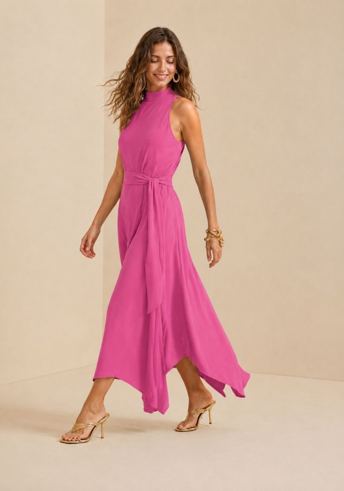 Vestido Gola Alta Midi Sonata - Rosa