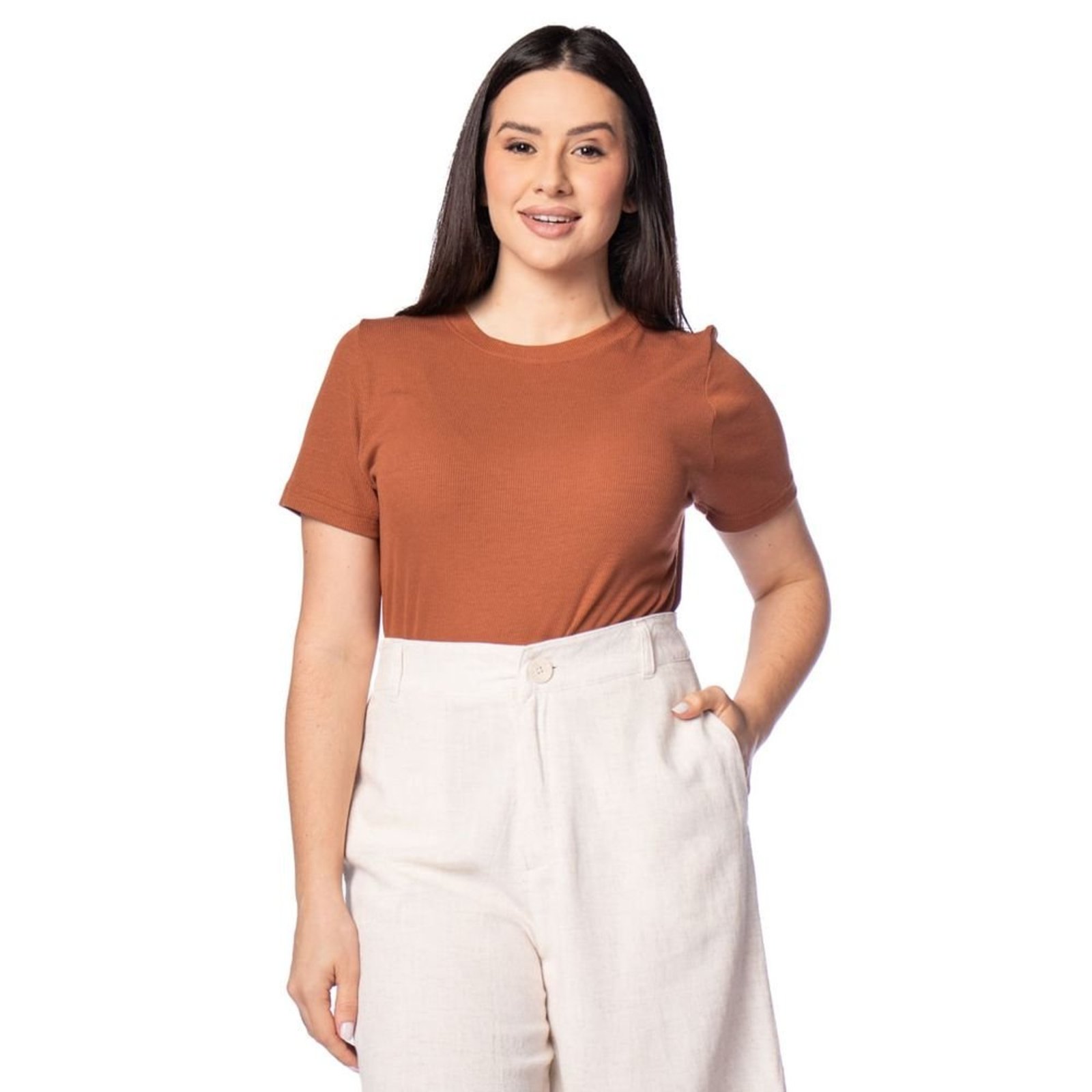 Blusa Feminina Biamar Canelada Minimalista Marrom Mescla