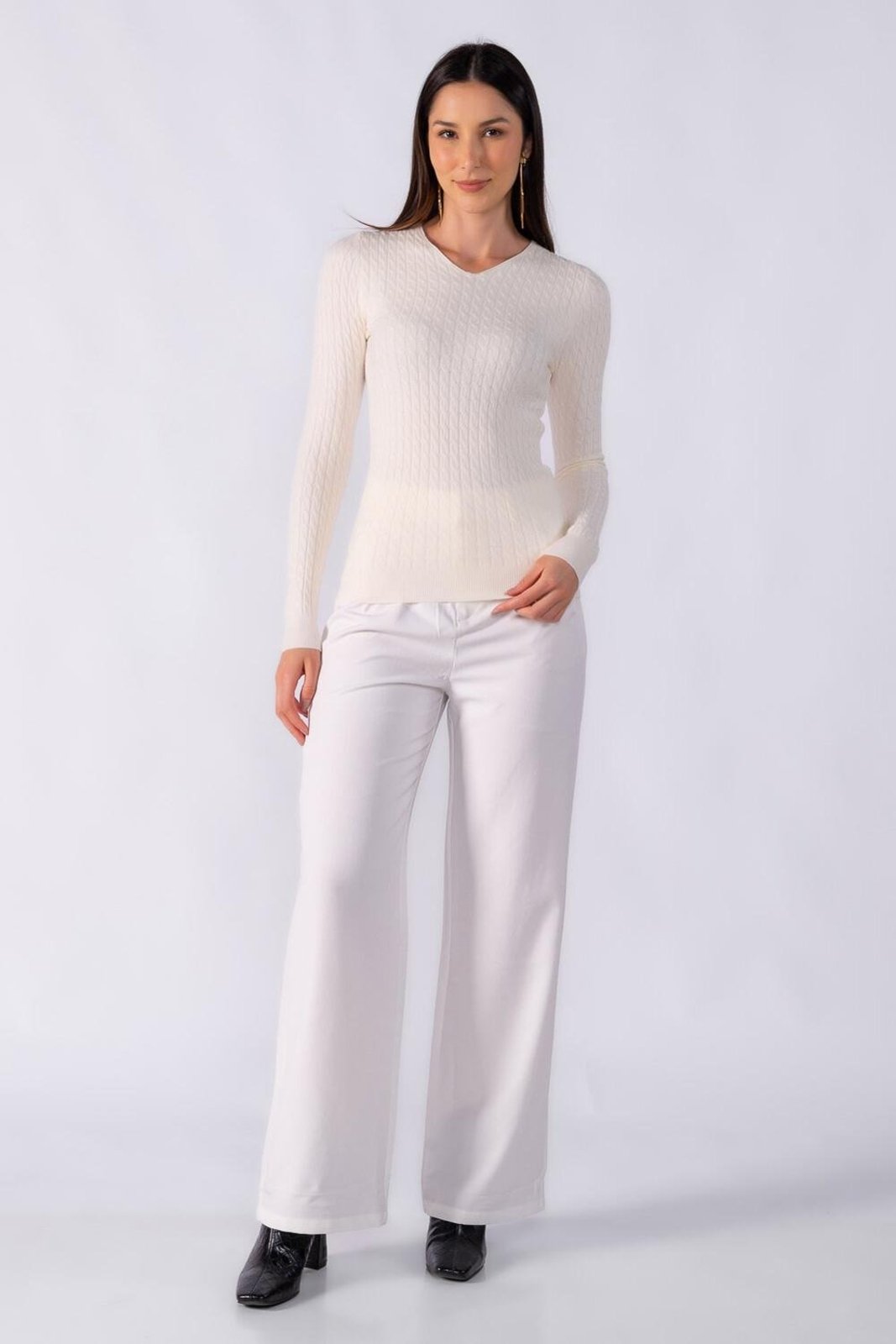 Blusa manga longa decote em v Bege