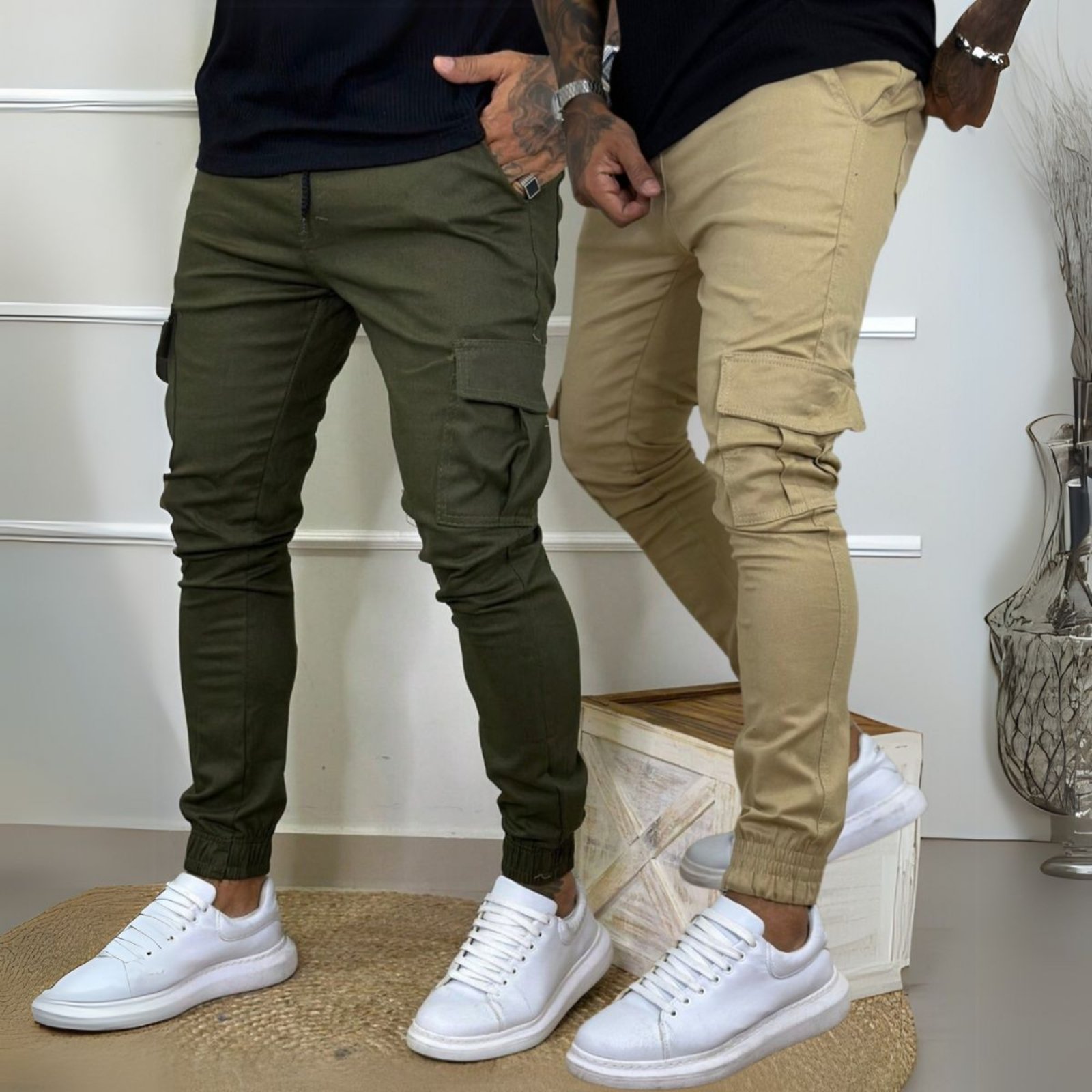 Kit 2 Calça Jogger Cargo Masculina Verde e Bege Linha Premium 100% Algodão