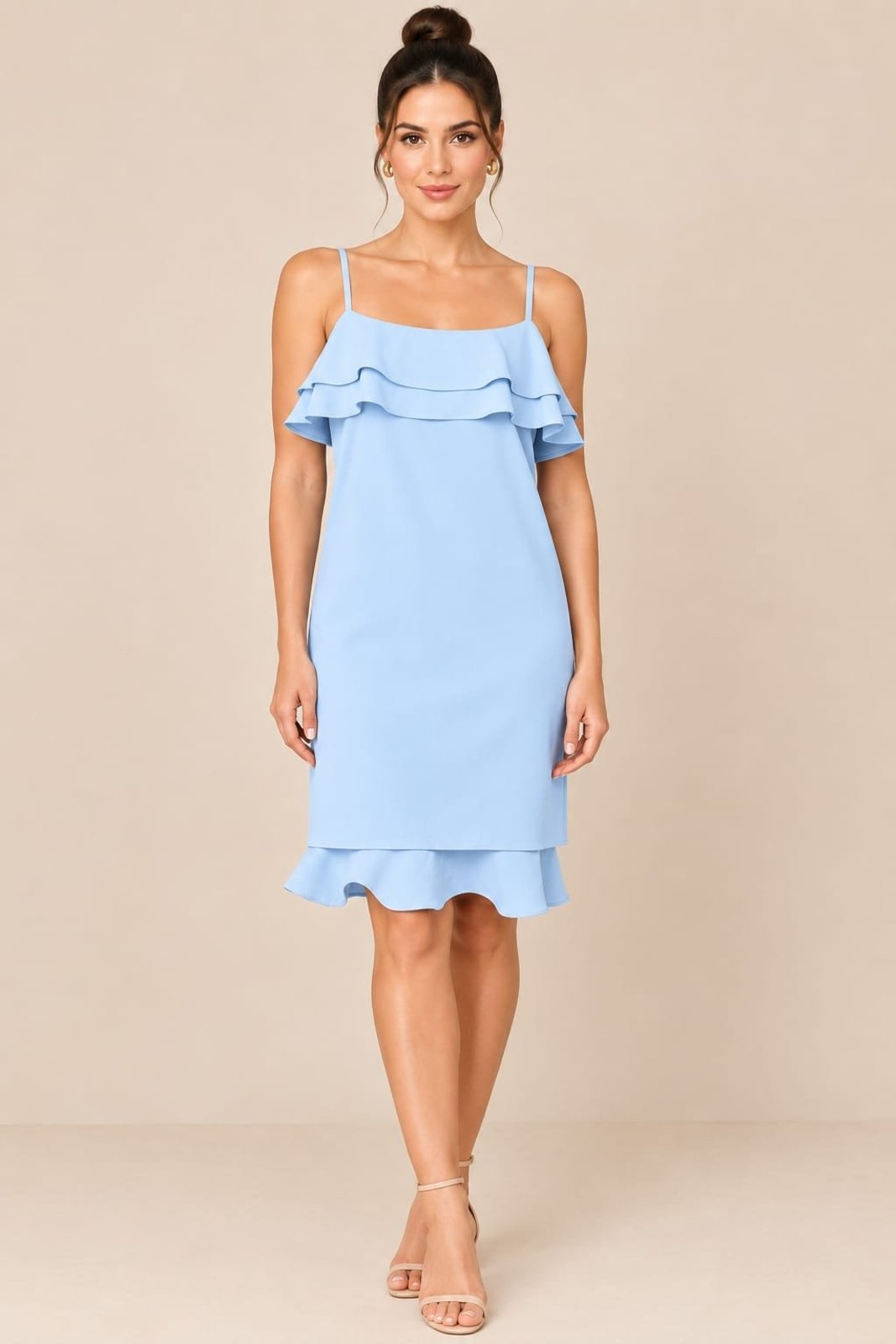 Vestido Curto Feminino Lapetry Alça Fina Babados Azul Elegante Forrado