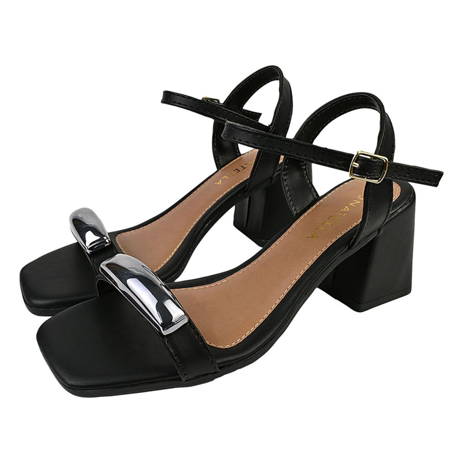 Sandália Feminina Donatella Shoes Bico Quadrado Salto Alto Bloco Enfeite Lesma Tendencia Novidade Moda Preto