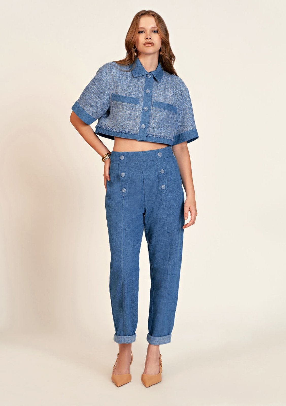 Calca Zinco Alfaiataria Cós Alto Composê De Tecidos Jeans