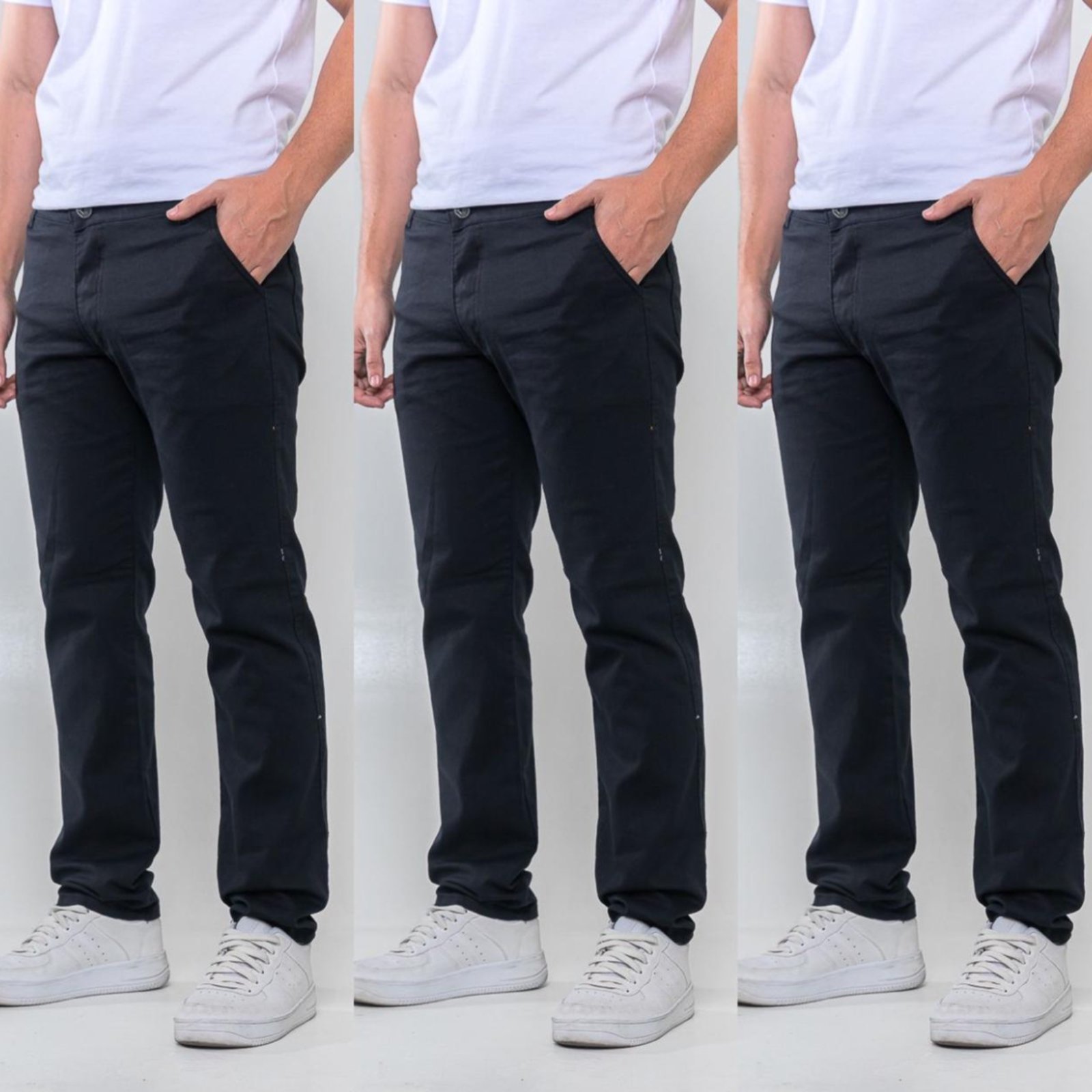 KIT 3 Calças Sarja Masculina Tempo Hábil Alfaiatada Skinny Black
