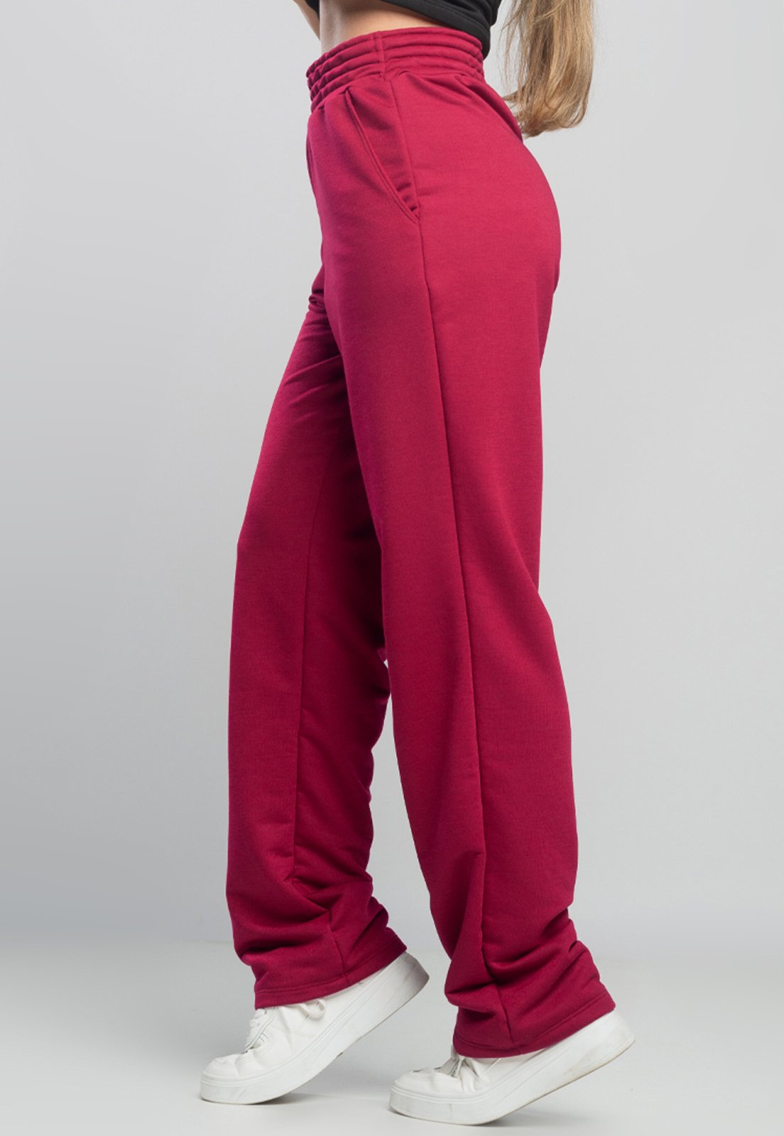 Calça MVB Modas Wide Leg Pantalona Franzida Boca de Sino Moletinho Vinho