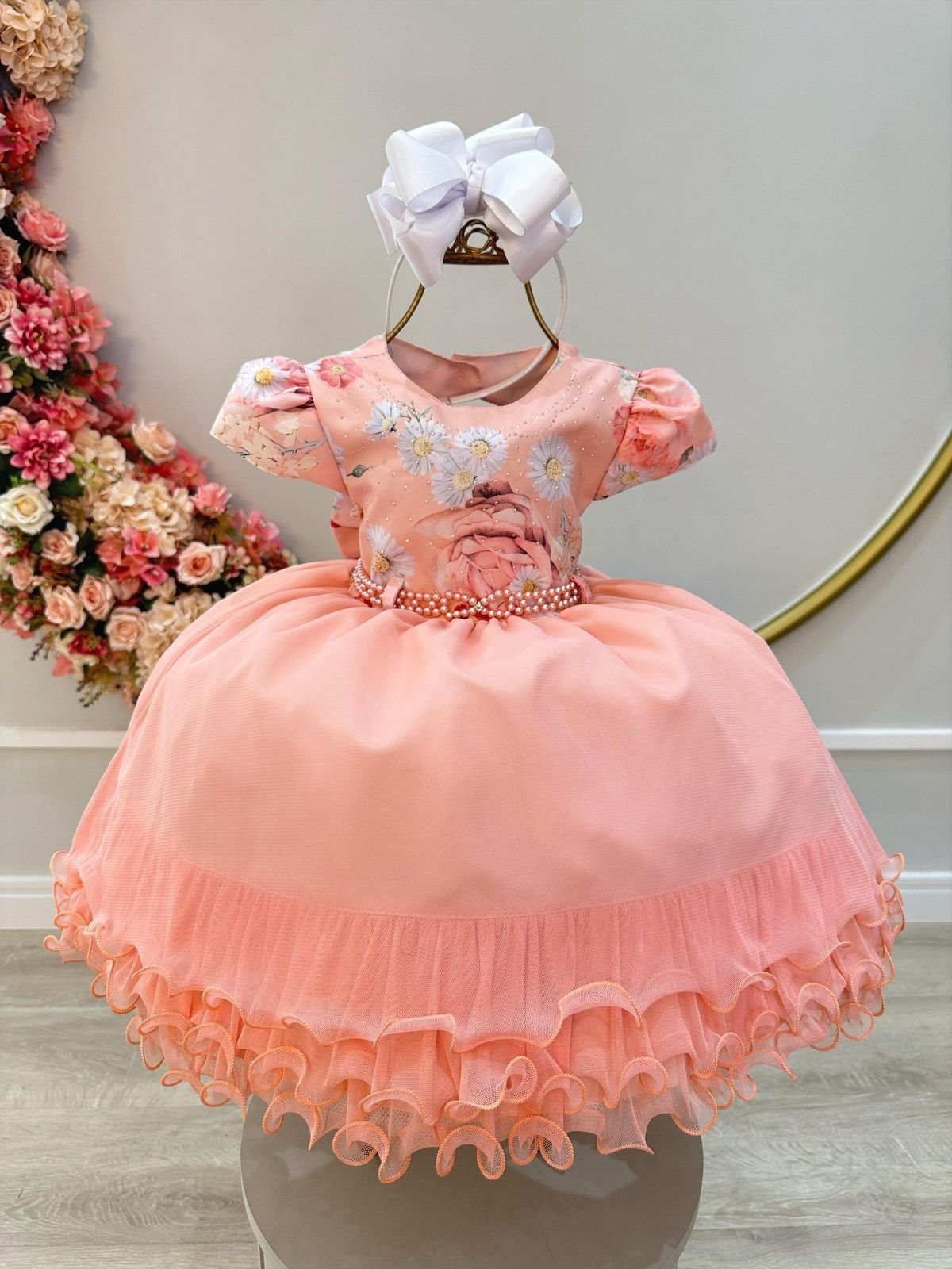 Infantil - Vestido Festa Rosa Rosé Salmão Floral Pérolas Princesa Casamento Social Rodado Florista Dama Daminha Aniversário Luxo Menina