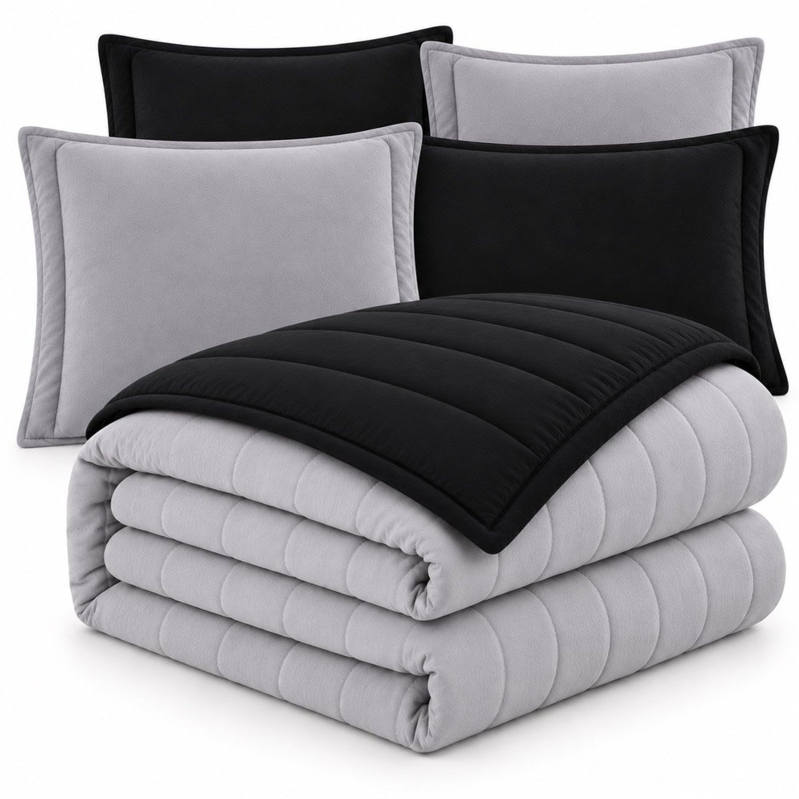 Kit Cobre Leito Duo Casal Malha 100% Algodão Colcha 5 Peças Dupla Face Preto e Cinza
