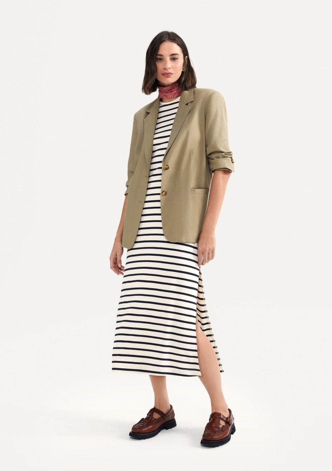 Vestido Midi Listrado Com Fenda Hering