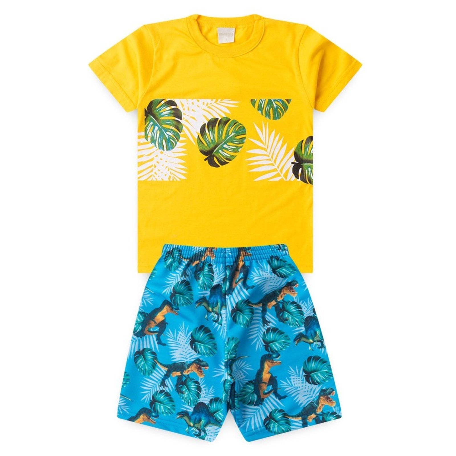 Vista 3 Infantil - Conjunto Verão Menino Camiseta e Bermuda Folhagens e Dinossauros Molekada amarelo Molekada amarelo